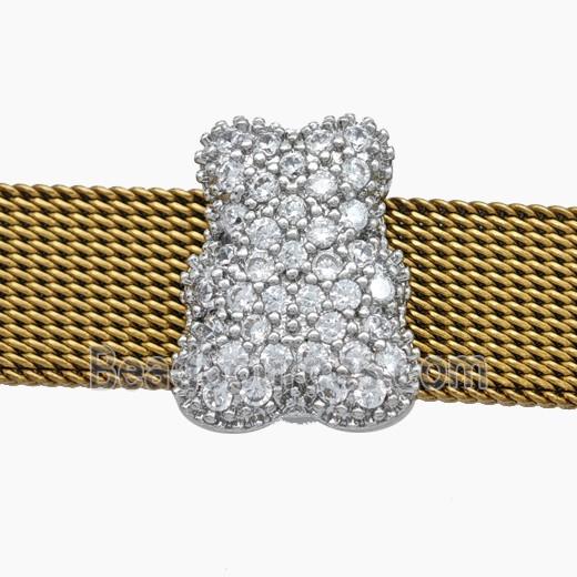 Copper Watchband Beads Pave Zirconia Bear Flat Hole Platinum Plated