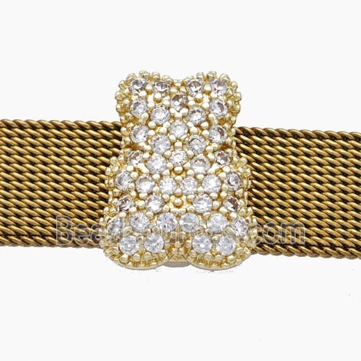 Copper Watchband Beads Pave Zirconia Bear Flat Hole Gold Plated