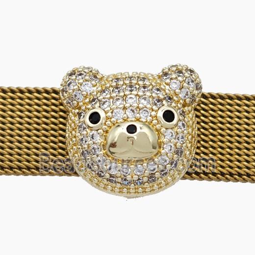 Copper Watchband Beads Pave Zirconia Bear Flat Hole Gold Plated