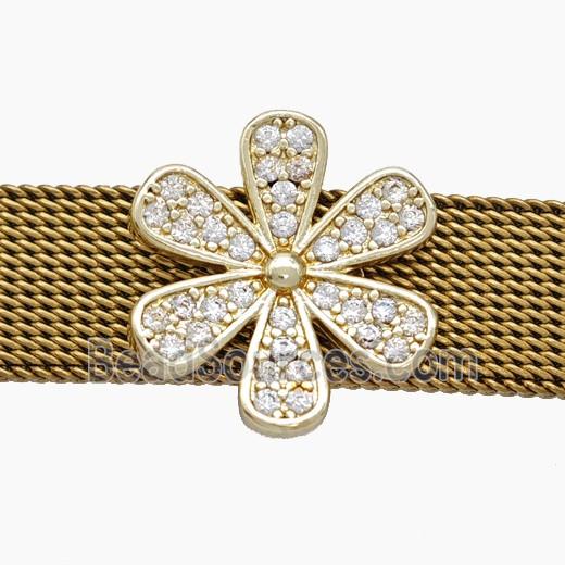 Copper Watchband Beads Pave Zirconia Daisy Flower Flat Hole Gold Plated