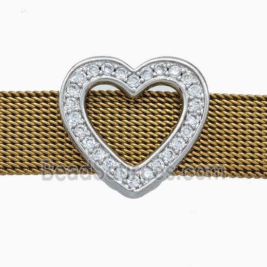 Copper Watchband Beads Pave Zirconia Heart Flat Hole Platinum Plated