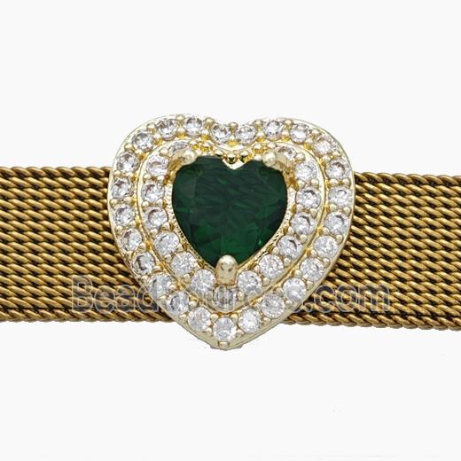 Copper Watchband Beads Pave Zirconia Heart Flat Hole Gold Plated