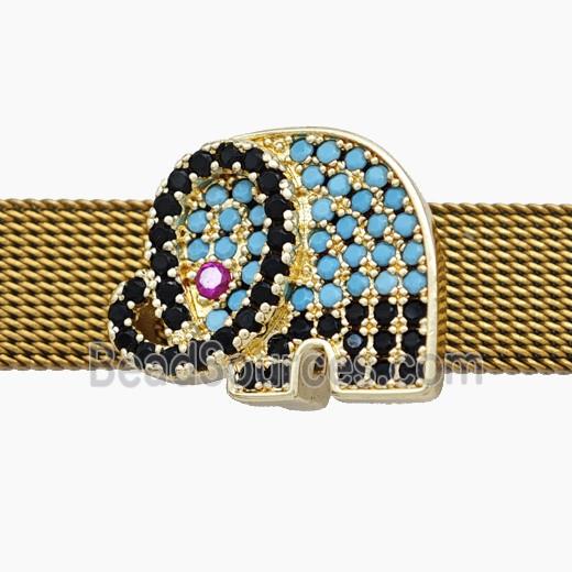 Copper Watchband Beads Pave Zirconia Elephant Flat Hole Gold Plated