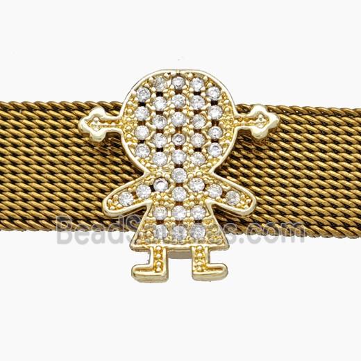 Copper Watchband Beads Pave Zirconia Kids Girl Flat Hole Gold Plated