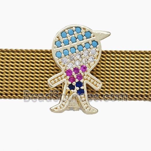 Copper Watchband Beads Pave Zirconia Kids Boy Flat Hole Gold Plated