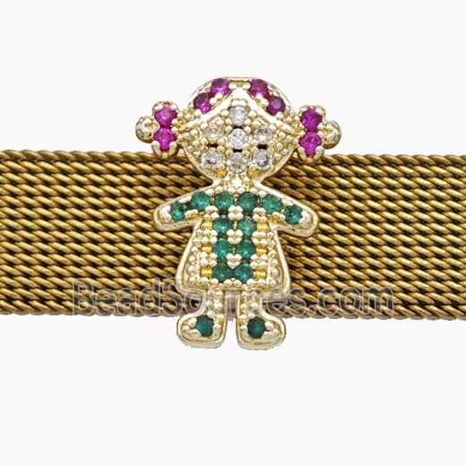 Copper Watchband Beads Pave Zirconia Kids Girl Flat Hole Gold Plated