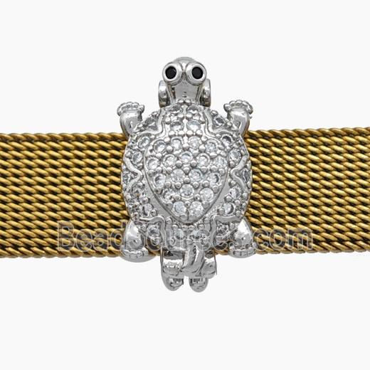 Copper Watchband Beads Pave Zirconia Tortoise Flat Hole Platinum Plated