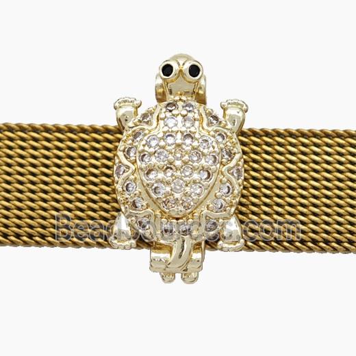 Copper Watchband Beads Pave Zirconia Tortoise Flat Hole Gold Plated