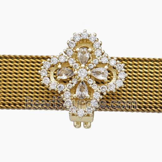 Copper Watchband Beads Pave Zirconia Clover Flat Hole Gold Plated