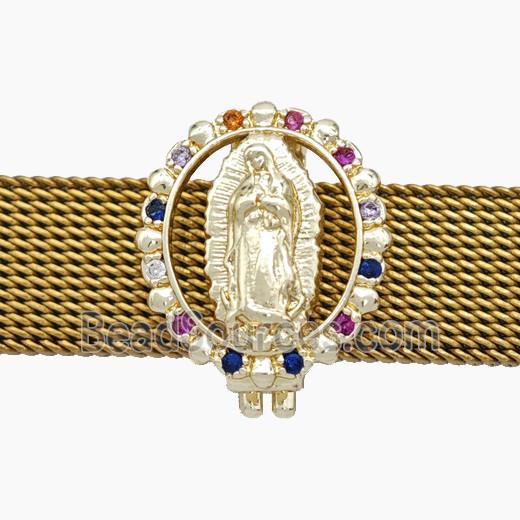 Copper Watchband Beads Pave Zirconia Virgin Mary Flat Hole Gold Plated