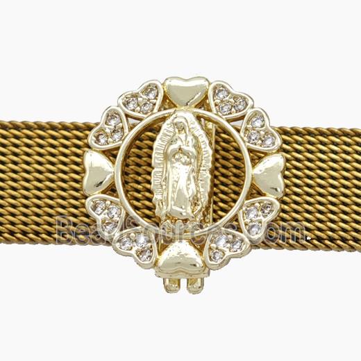 Copper Watchband Beads Pave Zirconia Virgin Mary Flat Hole Gold Plated