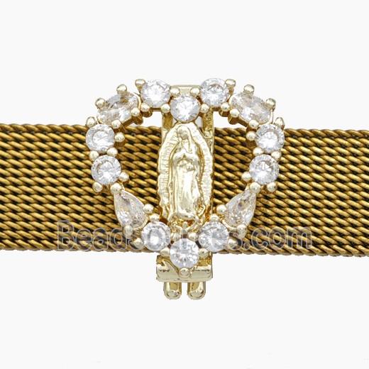 Copper Watchband Beads Pave Zirconia Virgin Mary Flat Hole Gold Plated