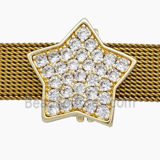 Copper Watchband Beads Pave Zirconia Star Flat Hole Gold Plated