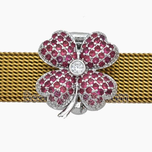 Copper Watchband Beads Pave Zirconia Clover Flat Hole Platinum Plated