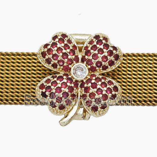 Copper Watchband Beads Pave Zirconia Clover Flat Hole Gold Plated