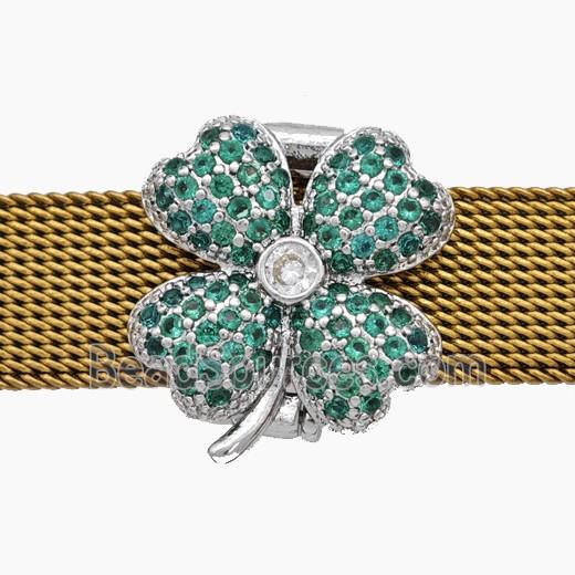 Copper Watchband Beads Pave Zirconia Clover Flat Hole Platinum Plated