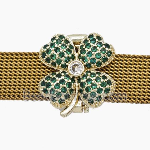 Copper Watchband Beads Pave Zirconia Clover Flat Hole Gold Plated