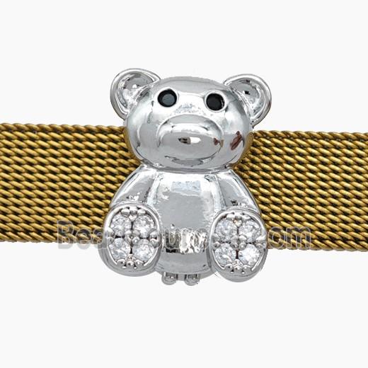 Copper Watchband Beads Pave Zirconia Bear Flat Hole Platinum Plated