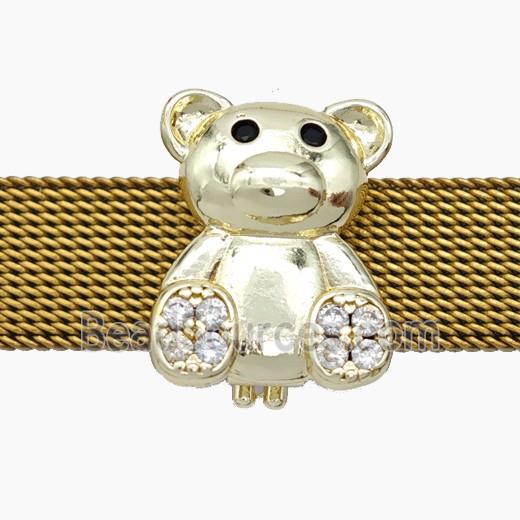 Copper Watchband Beads Pave Zirconia Bear Flat Hole Gold Plated