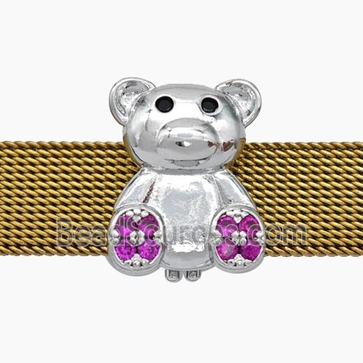 Copper Watchband Beads Pave Zirconia Bear Flat Hole Platinum Plated