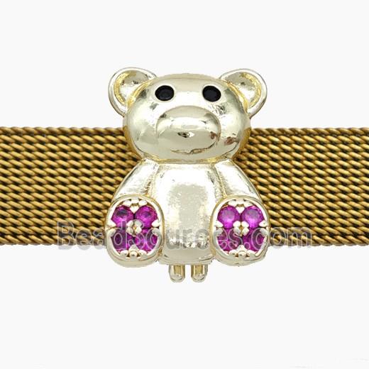 Copper Watchband Beads Pave Zirconia Bear Flat Hole Gold Plated