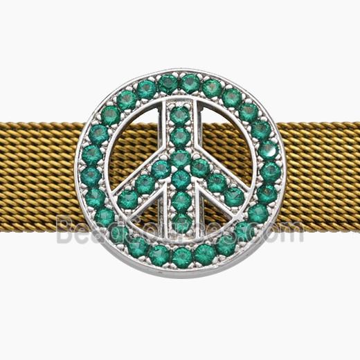 Copper Watchband Beads Pave Zirconia Peace Sign Flat Hole Platinum Plated