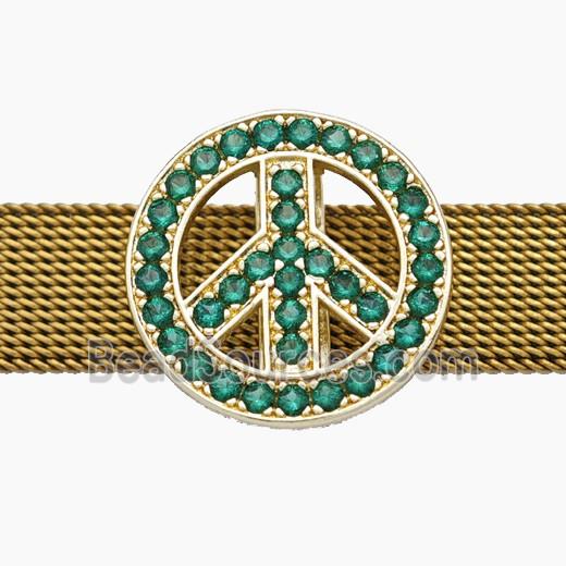 Copper Watchband Beads Pave Zirconia Peace Sign Flat Hole Gold Plated