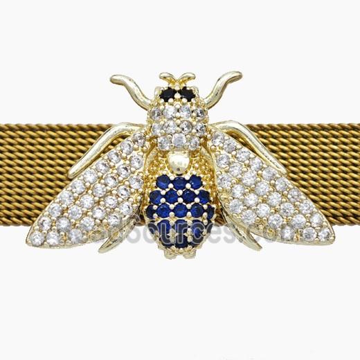 Copper Watchband Beads Pave Zirconia Honeybee Flat Hole Gold Plated