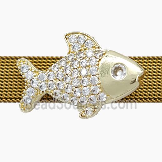 Copper Watchband Beads Pave Zirconia Fish Flat Hole Gold Plated