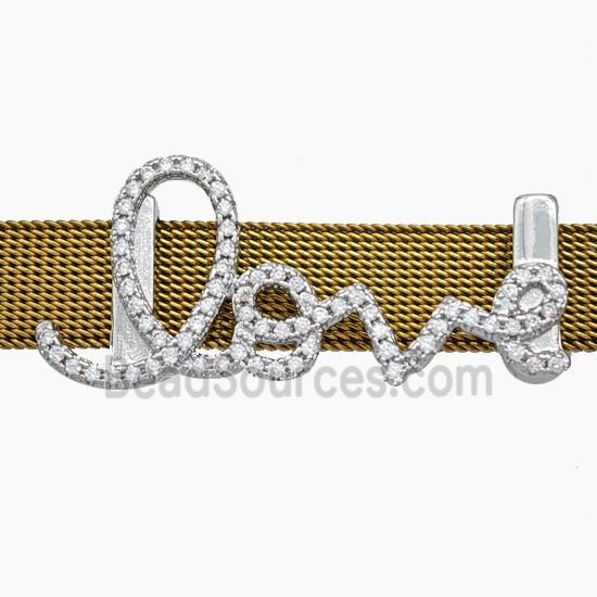 Copper Watchband Beads Pave Zirconia Love Flat Hole Platinum Plated