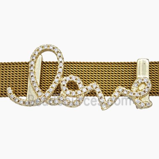 Copper Watchband Beads Pave Zirconia Love Flat Hole Gold Plated