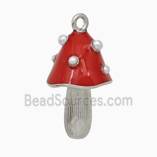 Copper Mushroom Pendant Pave Pearlize Resin Red Enamel Platinum Plated