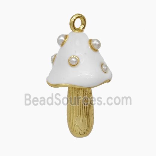 Copper Mushroom Pendant Pave Pearlize Resin White Enamel Gold Plated