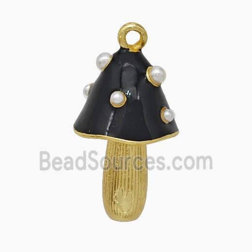 Copper Mushroom Pendant Pave Pearlize Resin Black Enamel Gold Plated