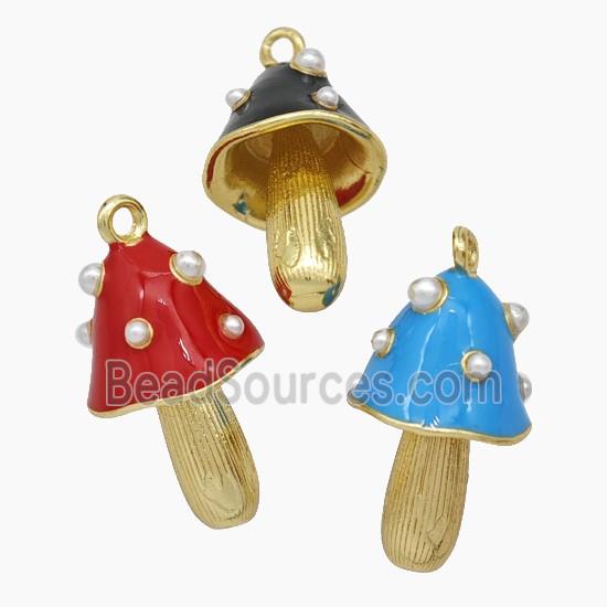 Copper Mushroom Pendant Pave Pearlize Resin Enamel Gold Plated Mixed