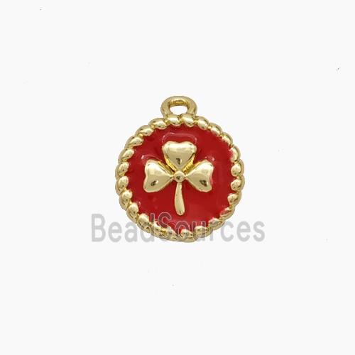 Copper Circle Pendant Red Enamel Clover Gold Plated