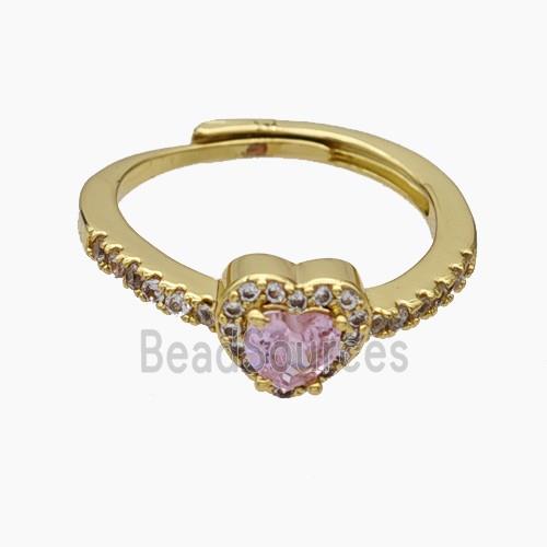 Copper Heart Rings Pave Zirconia Pink Adjustable Gold Plated