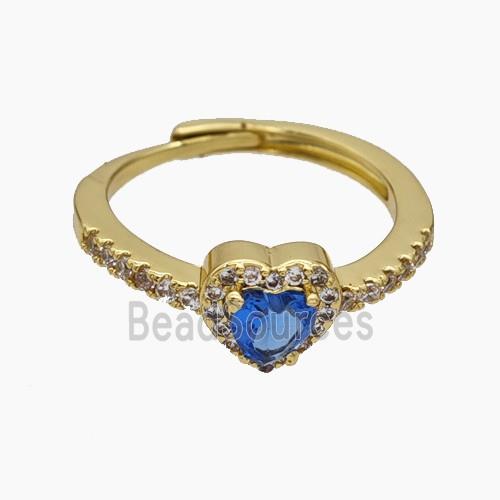 Copper Heart Rings Pave Zirconia Blue Adjustable Gold Plated