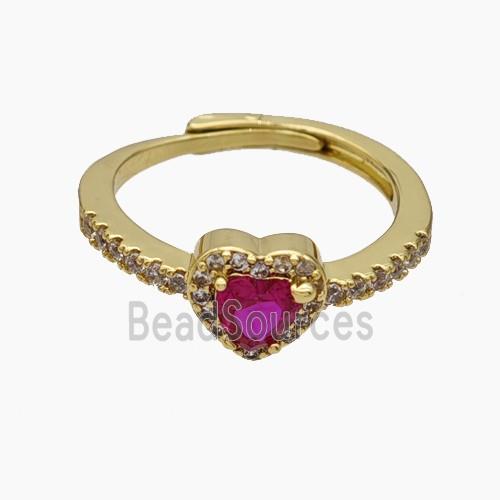 Copper Heart Rings Pave Zirconia Fuchsia Adjustable Gold Plated
