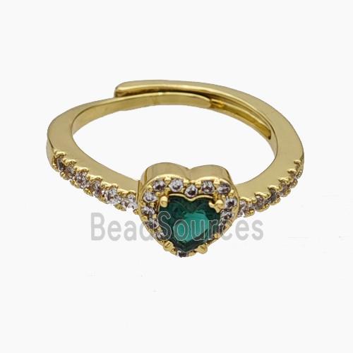 Copper Heart Rings Pave Zirconia Green Adjustable Gold Plated