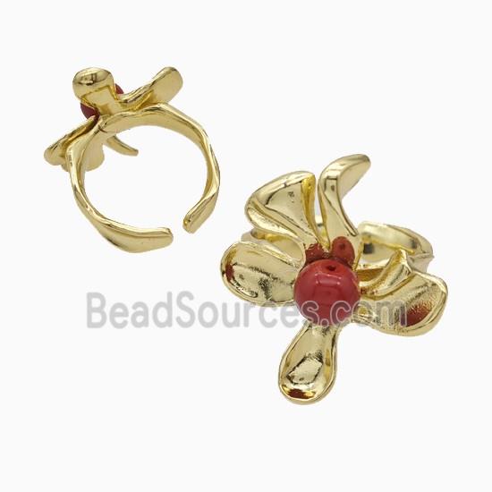 Copper Flower Rings Pave Pearlized Resin Red Gold Plated