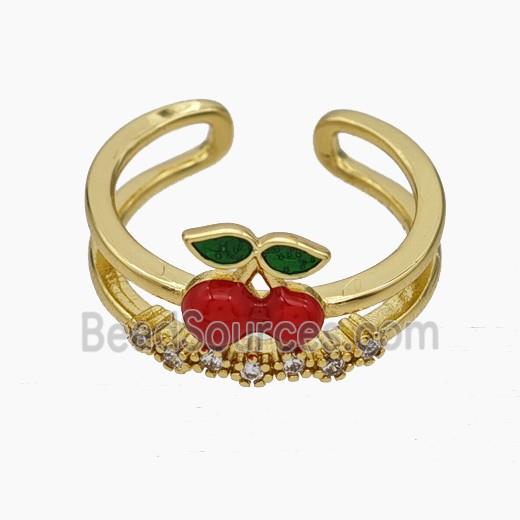 Copper Cherry Rings Pave Zirconia Red Enamel Gold Plated
