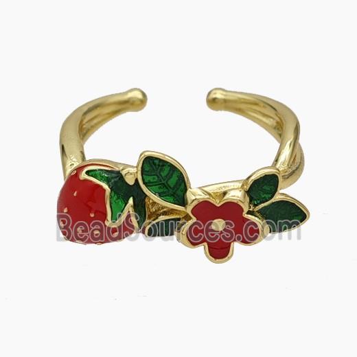 Copper Strawberry Rings Flower Red Enamel Gold Plated