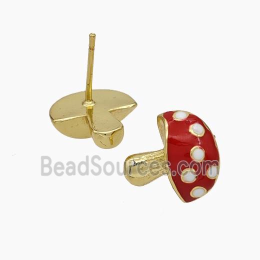 Copper Mushroom Stud Earrings Red Enamel Gold Plated