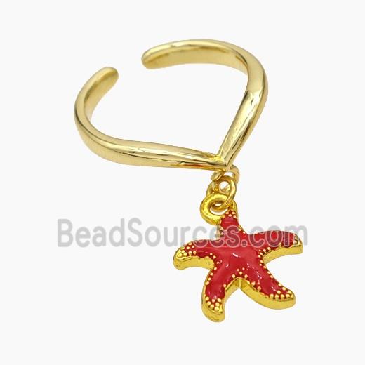 Copper Starfish Rings Red Enamel Gold Plated