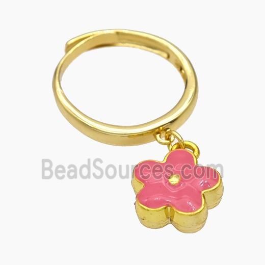 Copper Flower Rings Pink Enamel Gold Plated