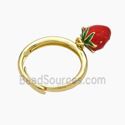 Copper Strawberry Rings Red Enamel Adjustable Gold Plated