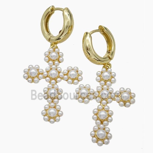 Copper Cross Hoop Earrings Pave Pearlized Resin Gold Plated