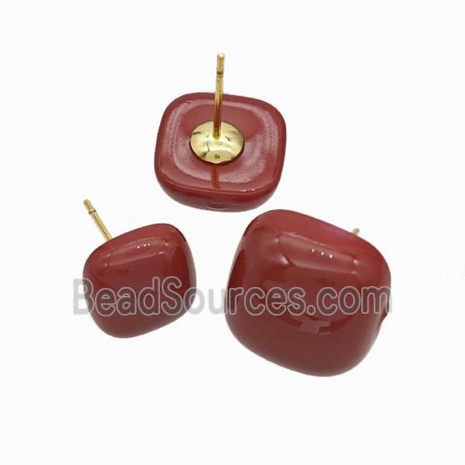 Copper Button Stud Earrings Red Enamel Gold Plated