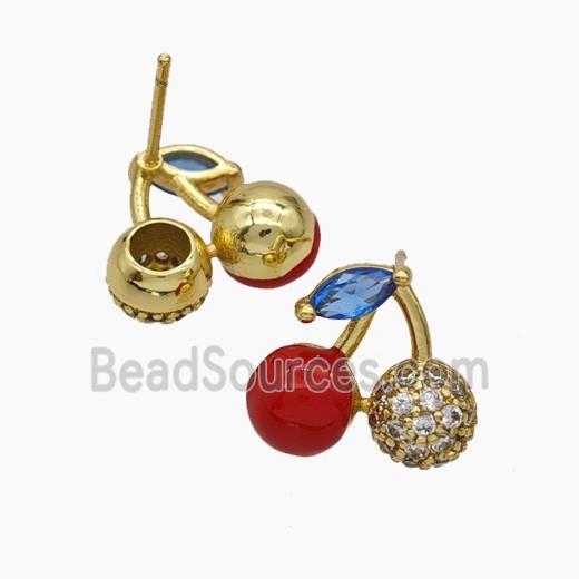 Copper Cherry Stud Earrings Pave Zirconia Red Enamel Gold Plated